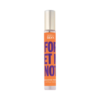 Simply Sexy Forget Me Not pheromone perfume in a 0.3 fl oz clear spray bottle with orange and purple label.