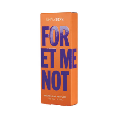 Orange rectangular box of Simply Sexy Forget Me Not pheromone perfume with bold purple text and 0.3 fl oz size details.