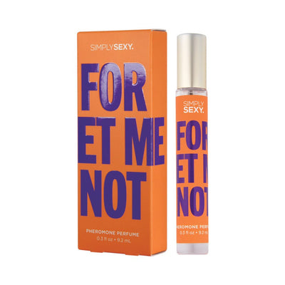 Simply Sexy Forget Me Not pheromone perfume in 0.3 fl oz orange bottle with matching box and bold purple text.