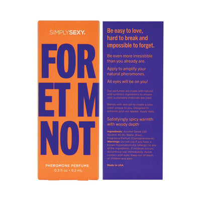 Simply Sexy Forget Me Not pheromone perfume packaging with bold orange and purple design, 0.3 fl oz size, highlighting spicy warmth scent.