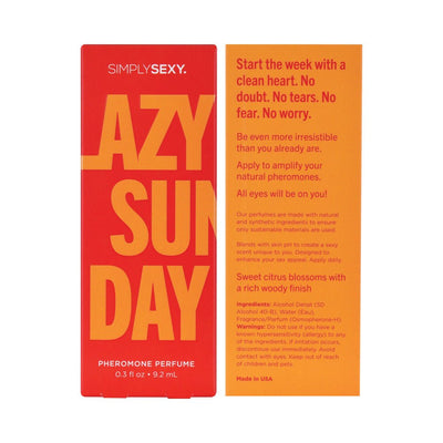 Simply Sexy Lazy Sunday pheromone perfume packaging in bold orange and red with product details and usage instructions.