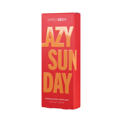 Red Simply Sexy Lazy Sunday pheromone perfume box with bold gold lettering, 0.3 fl oz (9.2 ml) size.