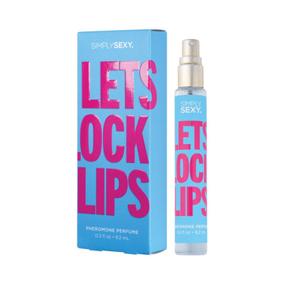 Simply Sexy Let's Lock Lips pheromone perfume spray with blue and pink packaging, 0.3 fl oz bottle and box.