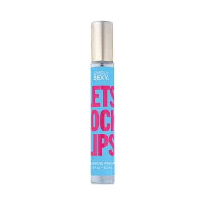 Simply Sexy Let's Lock Lips pheromone perfume in a 0.3 fl oz clear bottle with blue and pink label and silver cap.
