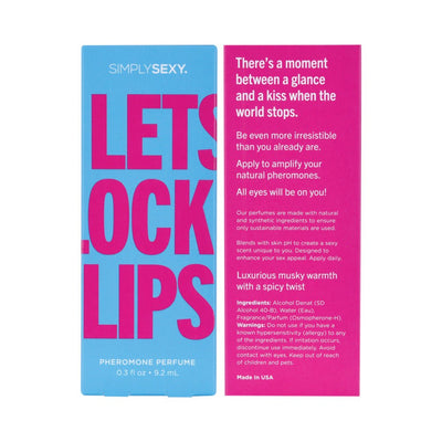 Simply Sexy Let's Lock Lips pheromone perfume packaging with blue front and pink back detailing scent benefits and ingredients.