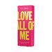 Bright pink box of Simply Sexy Love All Of Me pheromone perfume with bold yellow lettering and 0.3 fl oz size details.