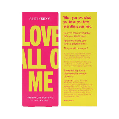 Simply Sexy Love All Of Me pheromone perfume packaging with bold yellow and pink design and product details on the back panel.