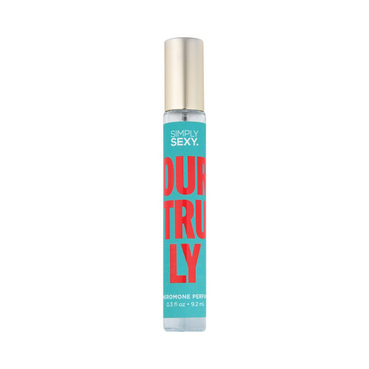 Simply Sexy Yours Truly pheromone perfume in a slim 0.3 fl oz clear bottle with teal and red label and gold cap.