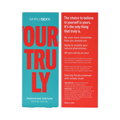 Simply Sexy Yours Truly pheromone perfume packaging with product details and usage instructions on teal and red box.