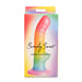 Colorful ribbed silicone dildo with suction base displayed on rainbow gradient packaging.