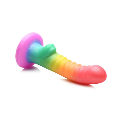 Rainbow-colored ribbed silicone dildo with suction cup base, 6.5 inches long, flexible and smooth textured.