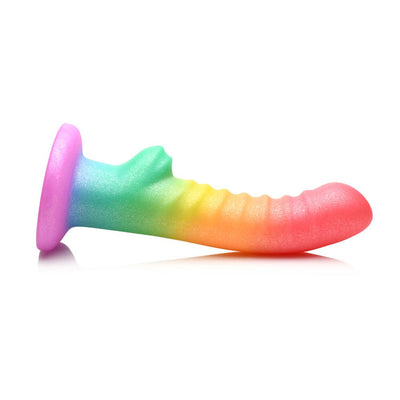 Rainbow-colored ribbed silicone dildo with suction base, 6.5 inches long, designed for versatile and comfortable use.