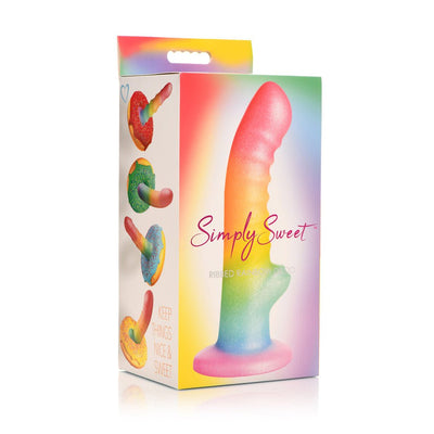 Colorful rainbow ribbed silicone dildo with suction base shown on vibrant packaging box.