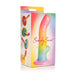 Colorful rainbow ribbed silicone dildo with suction base shown on vibrant packaging box.