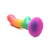 Rainbow-colored ribbed silicone dildo with suction cup base on white background.
