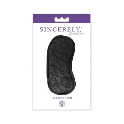 Black lace blindfold with floral pattern on white and purple Sincerely Sportsheets packaging.