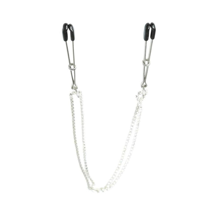 Silver double chain nipple clips with black rubber tips for comfort and sparkling cubic zirconia accents.