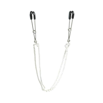 Silver double chain nipple clips with black rubber tips for comfort and sparkling cubic zirconia accents.