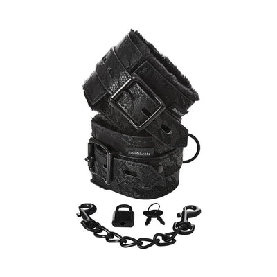 Black lace fur-lined handcuffs with adjustable buckles, chain, lock, and keys for secure sensory play.