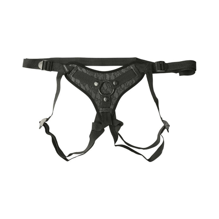 Black lace strap-on harness with adjustable straps and a central O-ring for secure fit and versatile use.