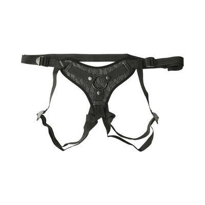 Black lace strap-on harness with adjustable straps and a central O-ring for secure fit and versatile use.