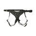 Black lace strap-on harness with adjustable straps and a central O-ring for secure fit and versatile use.
