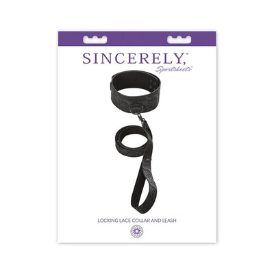Black lace-patterned locking collar and matching leash set displayed on white packaging with purple accents.