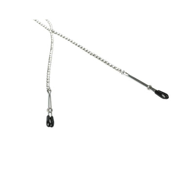 Silver teardrop nipple clips with black rubber tips connected by an 18-inch delicate chain.
