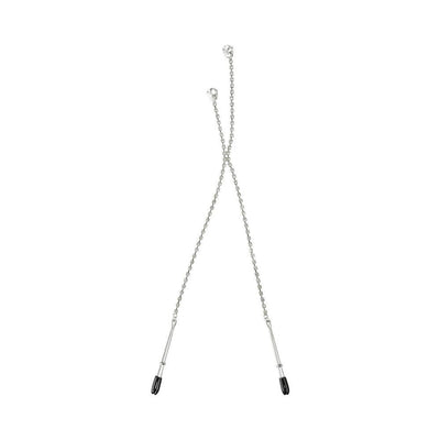 Elegant silver-tone teardrop crystal nipple clips connected by an 18-inch delicate bejeweled chain with black rubber tips.