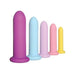 Set of five silicone dilators in graduated sizes and colors, designed with tapered tips and wide bases for comfortable use.
