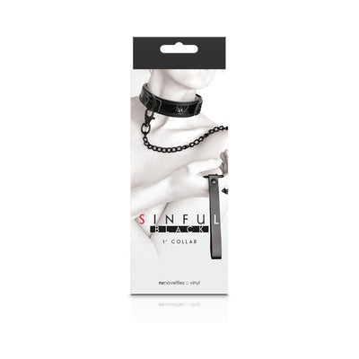 Packaging of Sinful Collar 1 Black showing a black adjustable vinyl collar with chain leash on a model.