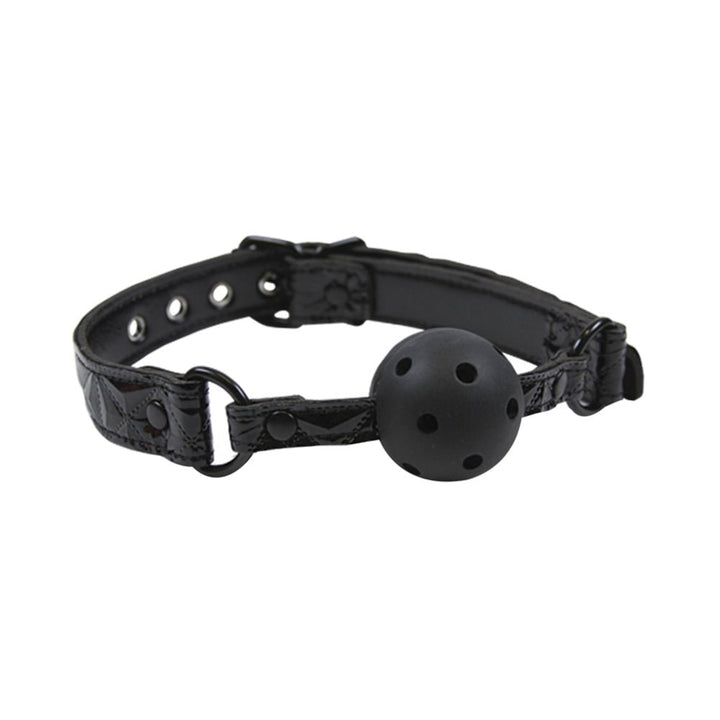 Black ball gag with adjustable embossed vinyl strap and ventilation holes on the ball for comfort and control.
