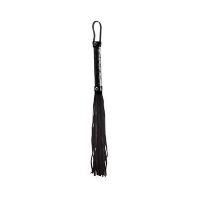Compact black whip with embossed vinyl handle, soft neoprene grip, and multiple leather tails with wrist loop.