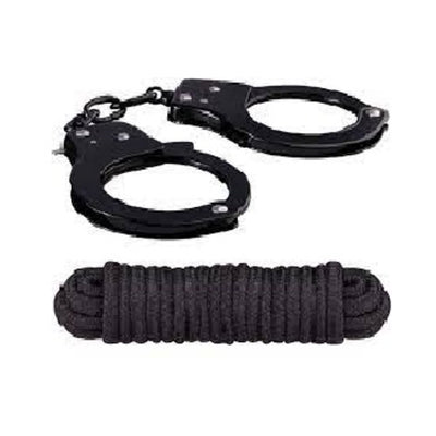 Black metal handcuffs with keys paired with a neatly coiled black soft cotton rope.