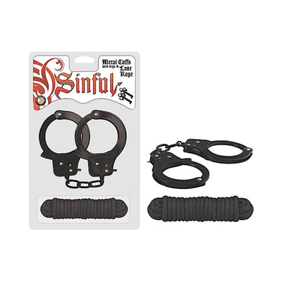 Black metal handcuffs with keys and a coiled black cotton rope displayed in packaging and separately on white background.