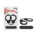 Black metal handcuffs with keys and a coiled black cotton rope displayed in packaging and separately on white background.