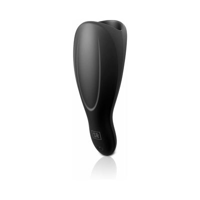 Sleek black silicone vibrating cock teaser with ergonomic design and discreet SR logo on handle.