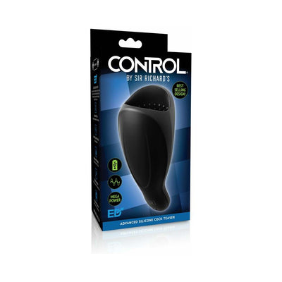 Packaging of Sir Richard's Control Advanced Silicone Cock Teaser in black with blue accents and product image on front.