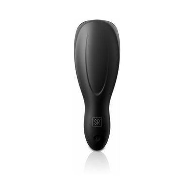 Black silicone vibrating cock teaser with ergonomic shape and SR logo on a white background.