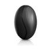 Sleek black oval-shaped silicone rimming device with textured ridges and a smooth central groove, standing upright on a white background.