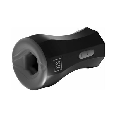Black silicone twin motor stroker with ergonomic design and control buttons on the side for adjustable vibration modes.