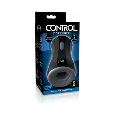 Packaging of Sir Richards Control Silicone Twin Turbo Stroker showing product image and key features on black and blue box.