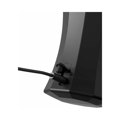 Close-up of a black Sir Richards Control Silicone Twin Turbo Stroker showing the USB charging port with cable plugged in.