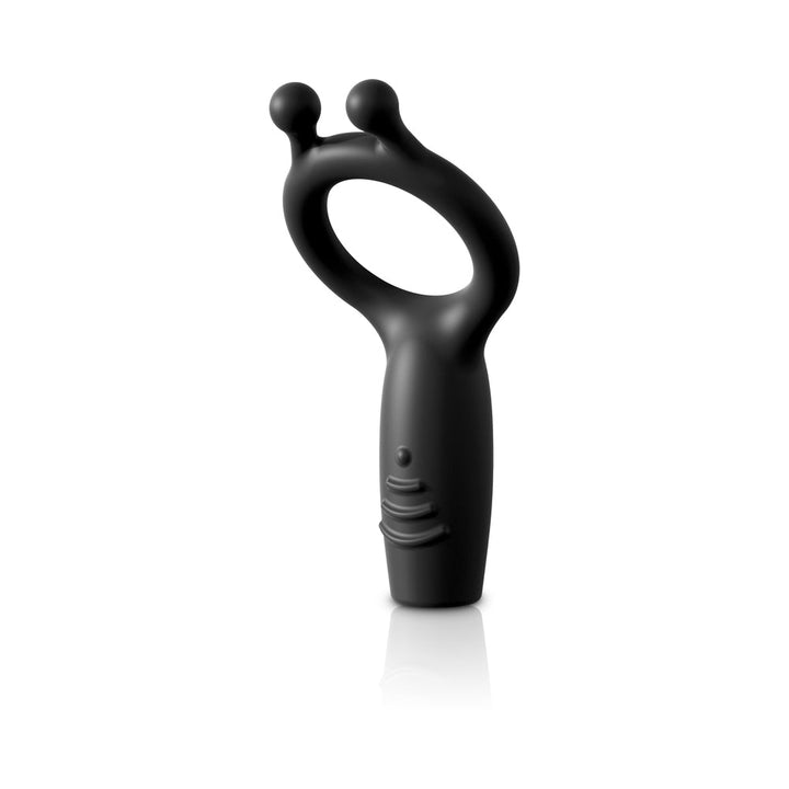 Black silicone vibrating super C-ring with dual rounded nodes and textured grip on the handle.