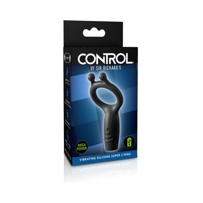 Packaging box of Sir Richard's Control Vibrating Silicone Super C-ring with product image and branding on a blue background.