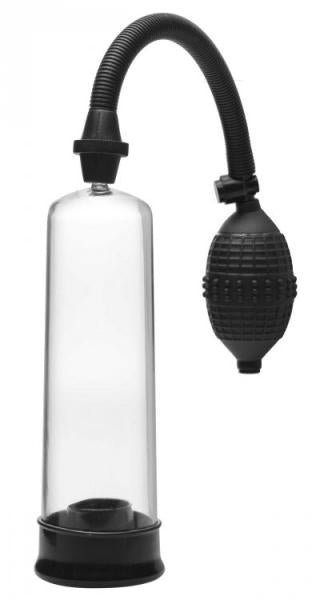 Beginner-friendly clear vacuum pump with black flexible hose and textured squeeze bulb for easy pressure control.