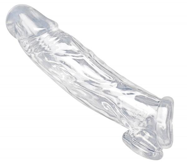 Clear realistic textured penis enhancer and ball stretcher sleeve made from flexible TPE material.