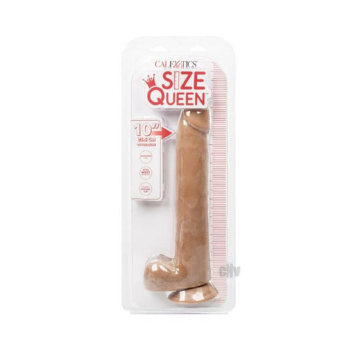 Size Queen 10-inch brown realistic dildo with suction cup base in clear retail packaging by CalExotics.