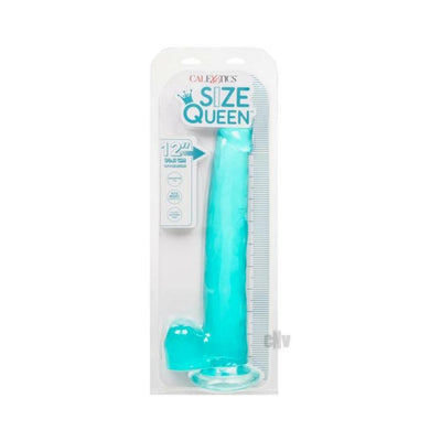 Size Queen 12 Blue flexible adult toy with suction cup base in clear packaging and measurement scale.
