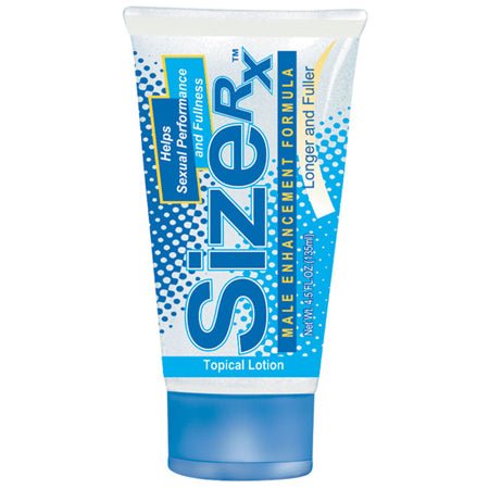 Size Rx 4.5 oz tube of male enhancement topical lotion for improved sexual performance and fullness.